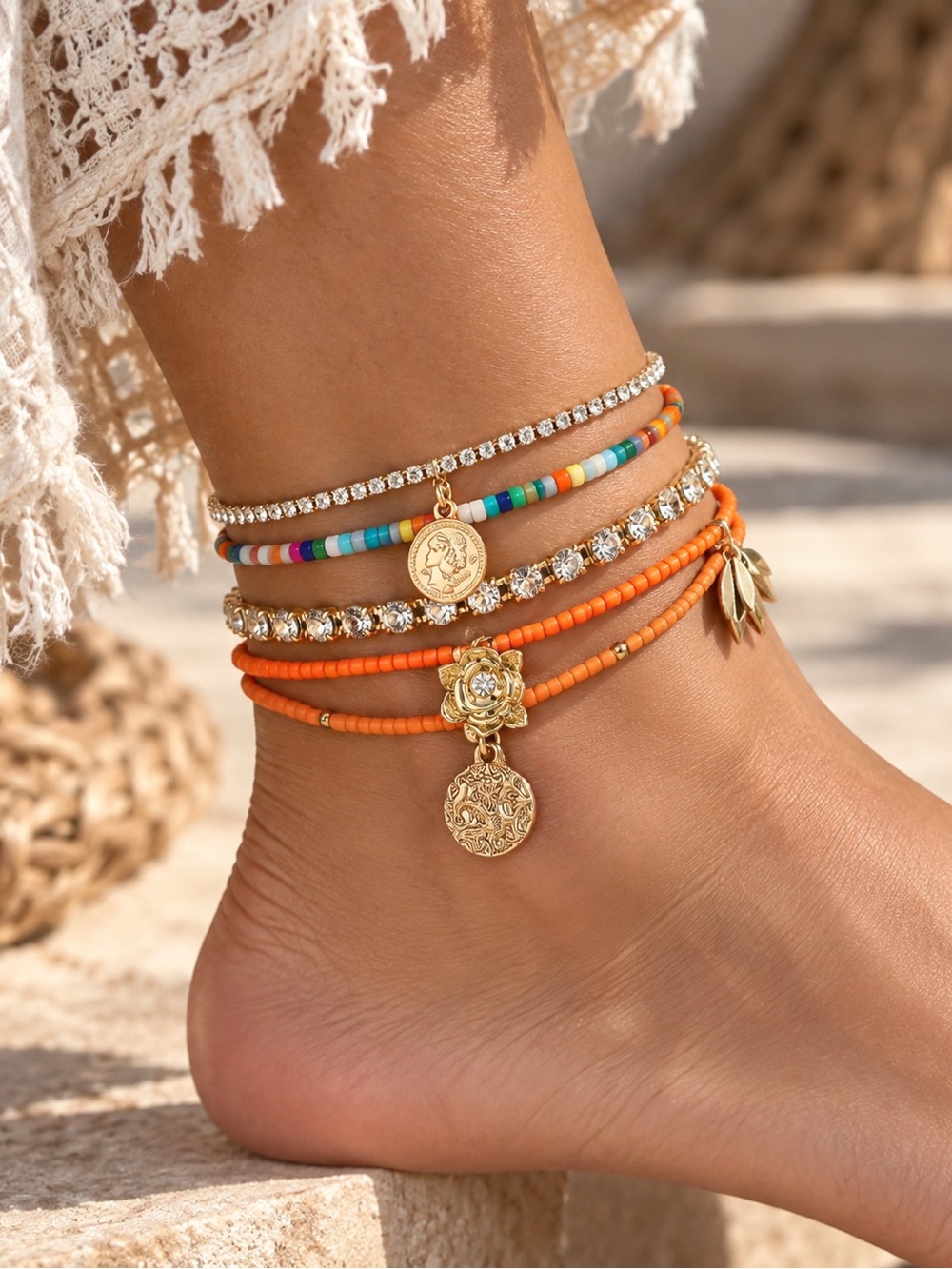 Zara Orange & Gold Layered Beaded Anklet Set